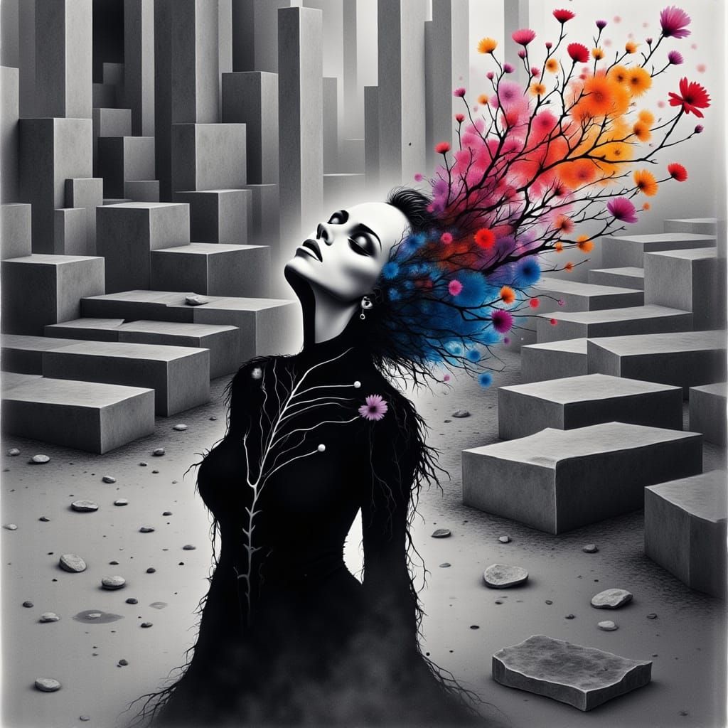 <lora:Graphite Rose 1:1.0> <lora:Not So Random 2:1.0> <lora:Flux Photogram:1.0> The silence of grey concrete makes me sc...