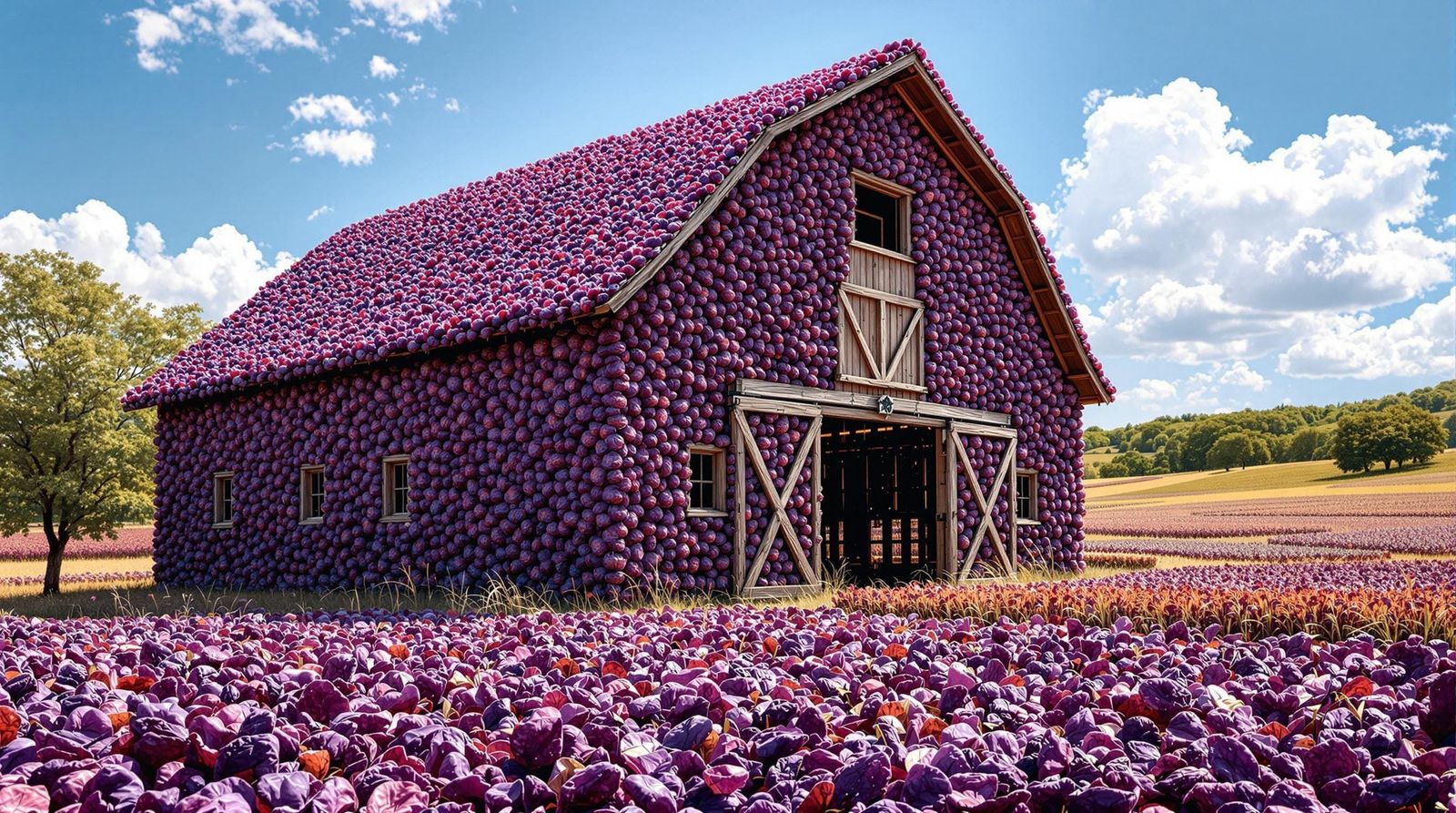 Vibrant Purple Raisin Barn in a Sunny Day