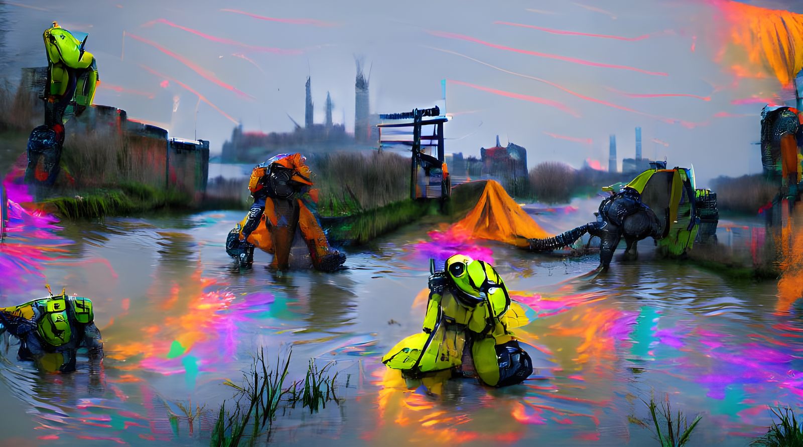 Cyberpunk Hazmat Mech vs Laser Gators