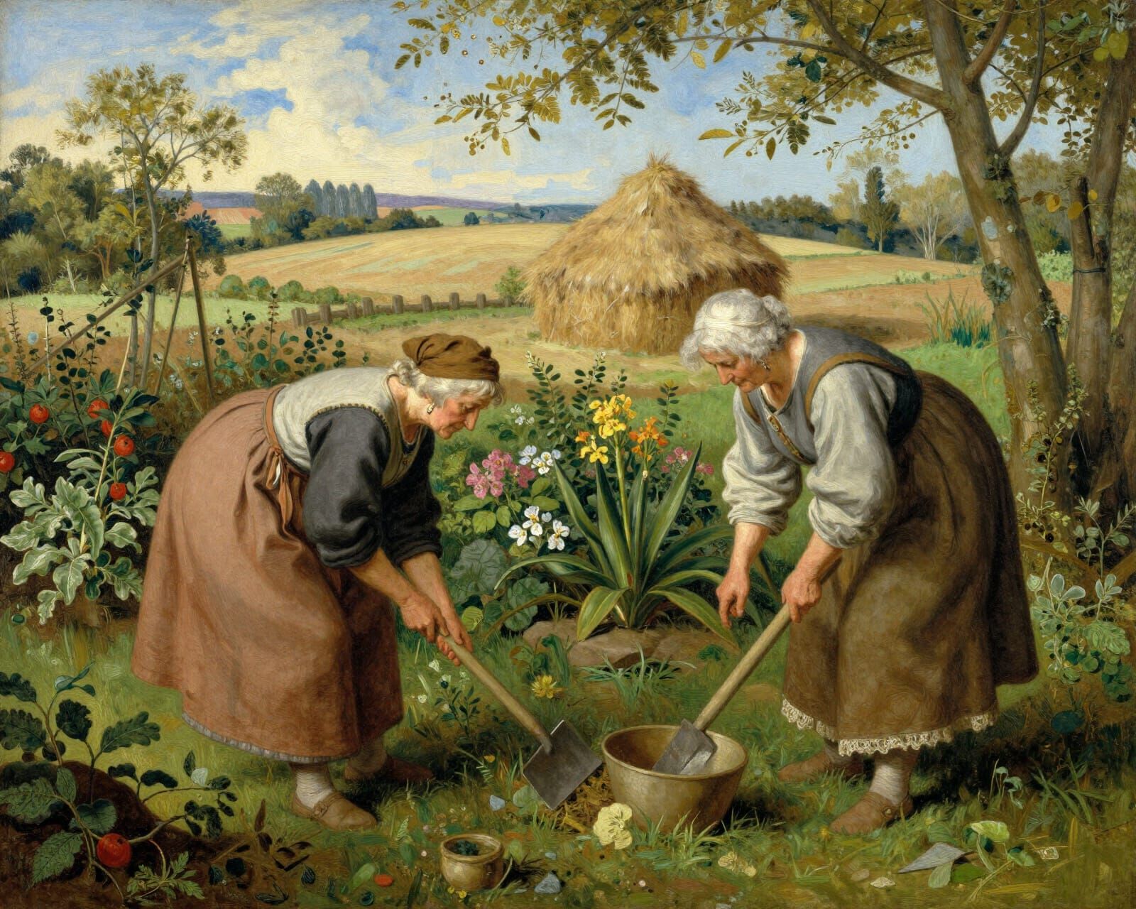 Elderly Women Tending Vibrant Garden in Pieter Bruegel Style