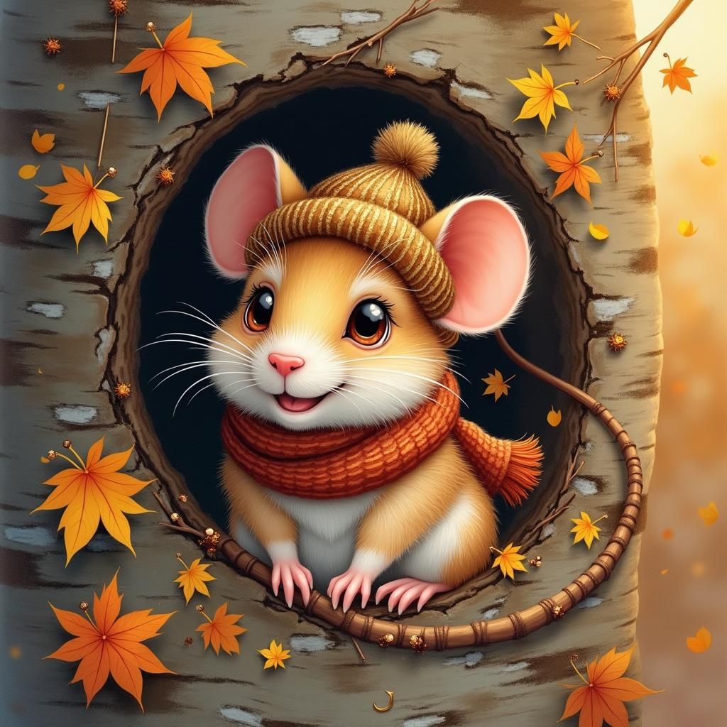 Mouse in Autumnal Tree Hole, Watercolor Painting