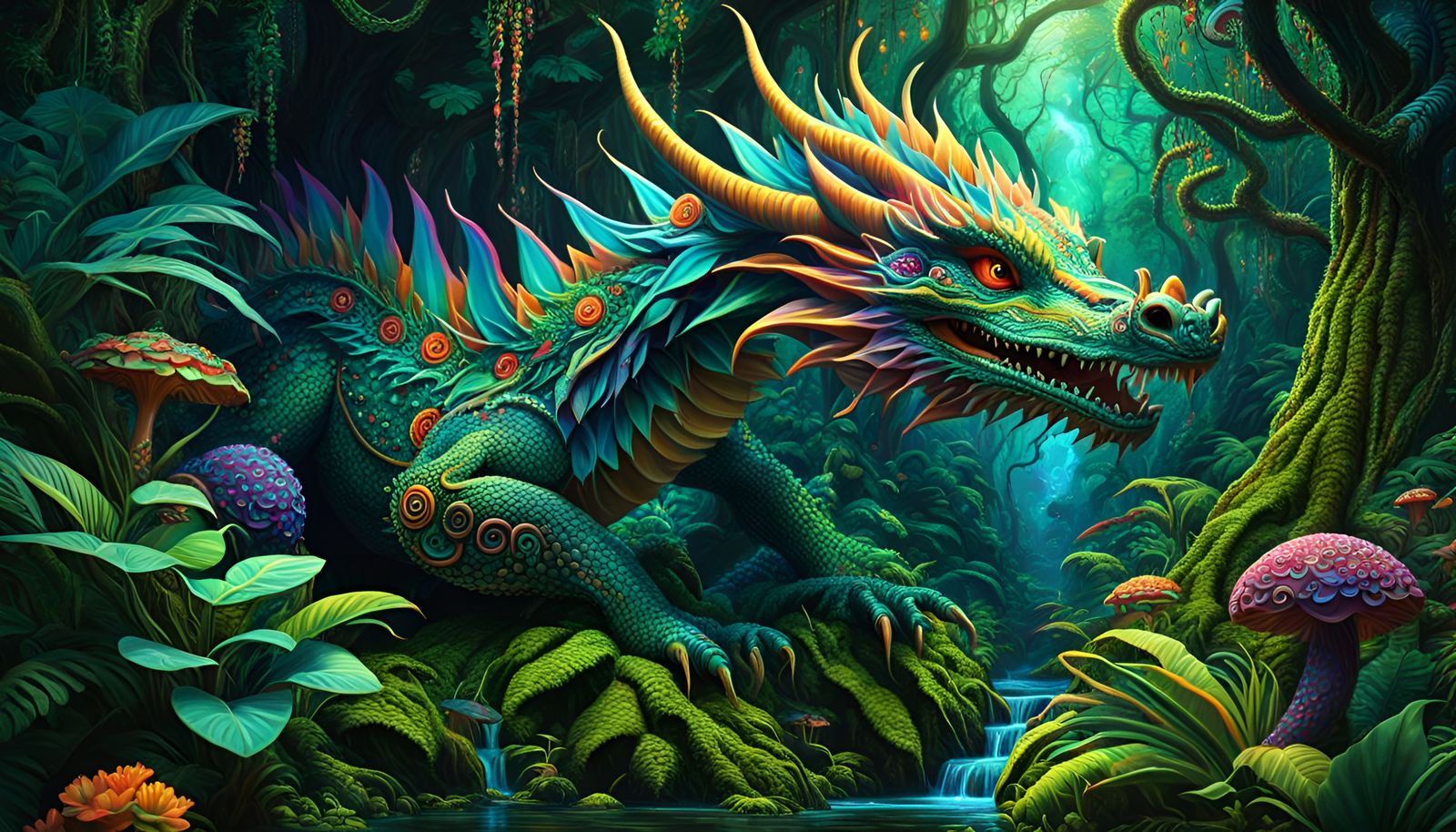 Psychedelic Jungle Dragon Guardian in High Fantasy Style