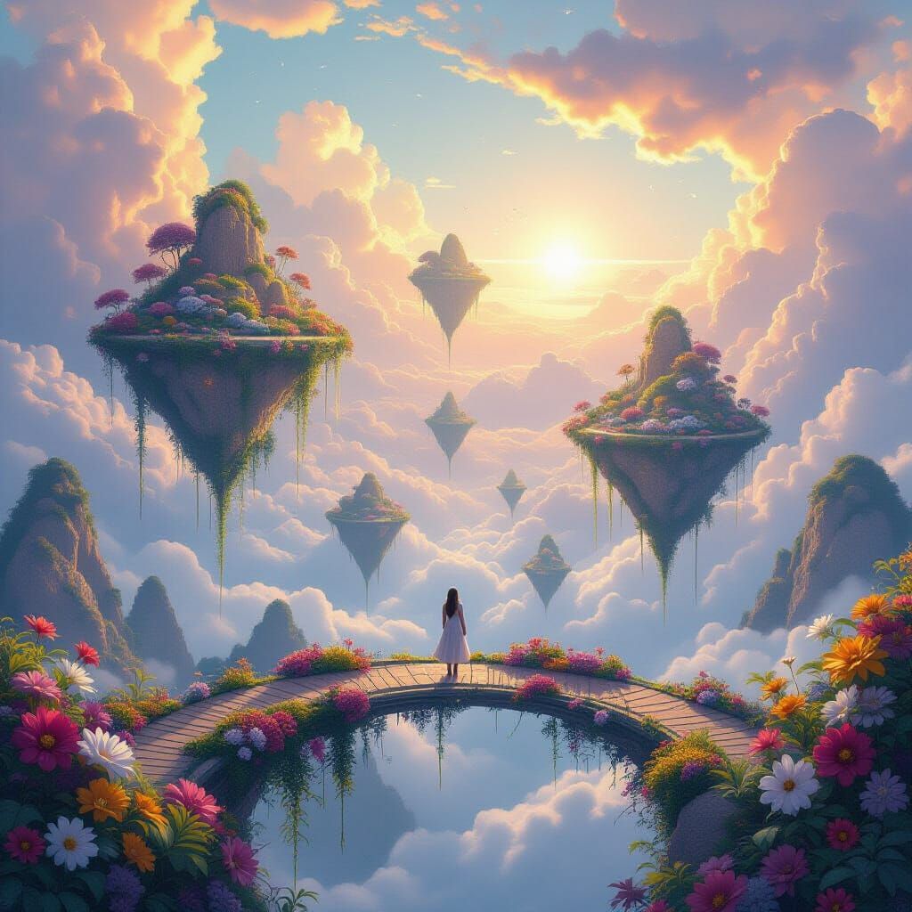 Surreal Floating Islands with Floral Bridges