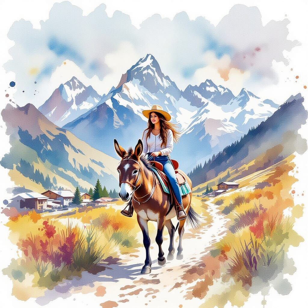 Woman Rides Donkey Through Andes in Watercolor Style