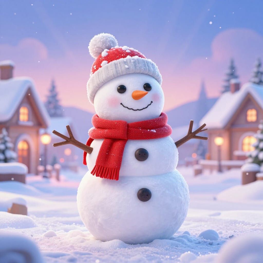Friendly Snowman in Magical Snowy Village