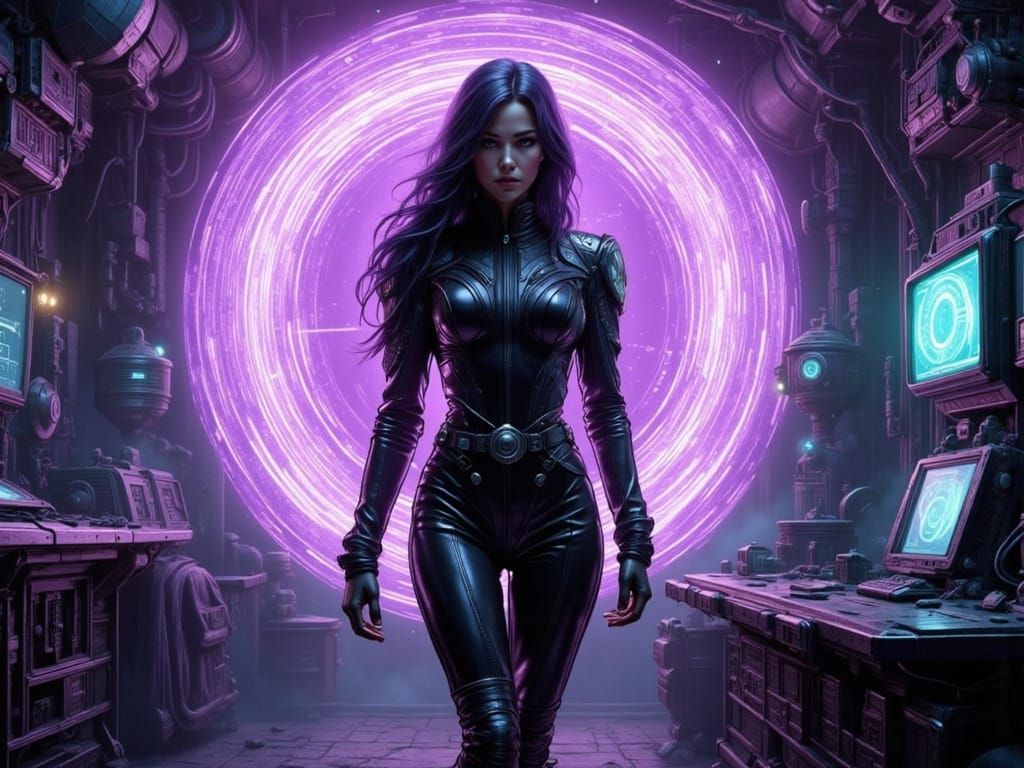 Woman in Black Jumpsuit Surrounded by Purple Energy