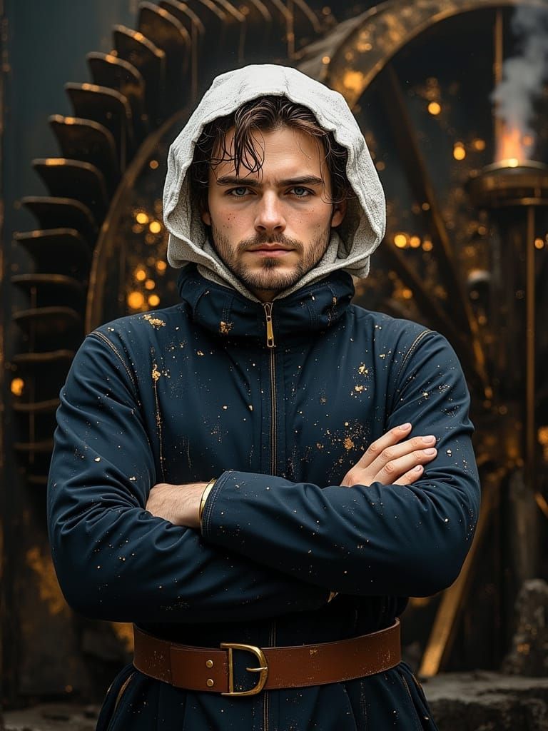 Fencer Poses Before Steampunk Water Wheel