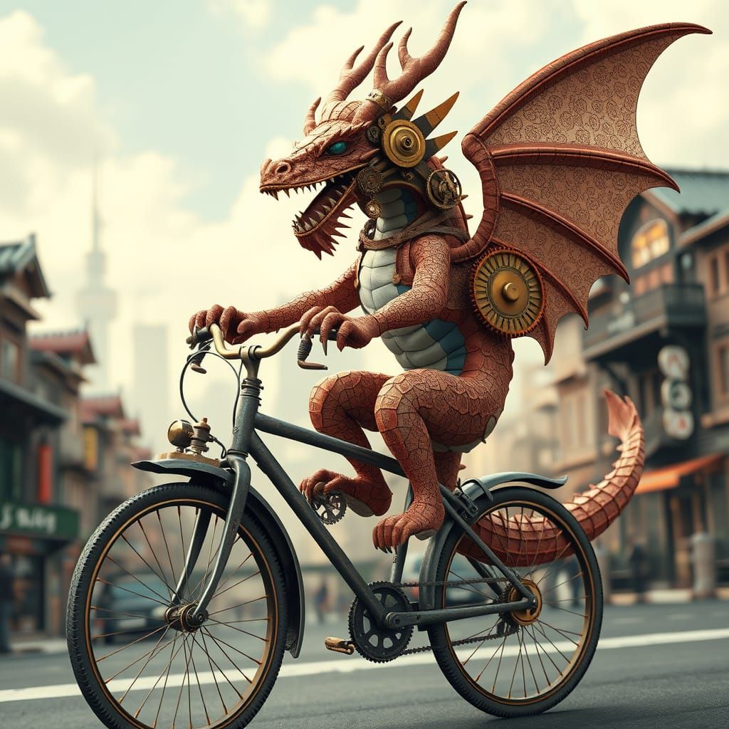Steampunk Dragon Rides Bicycle in Anime Cityscape