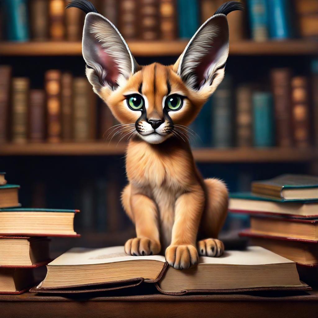 Cute Caracal Cub in Library, Detailed Airbrush Painting