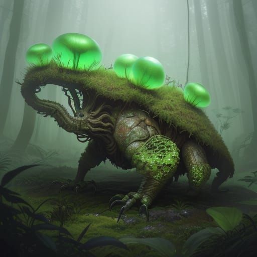 Surreal Fungal Creature Feeds on Decay in Dreamlike Forest