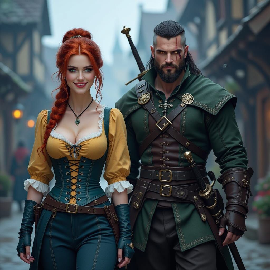 Scarlet-Haired Sorceress and Witcher in Medieval Town