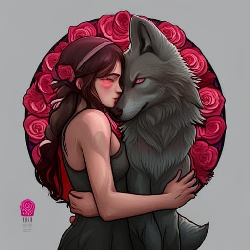 Girl and Wolf Portrait in Rose Field