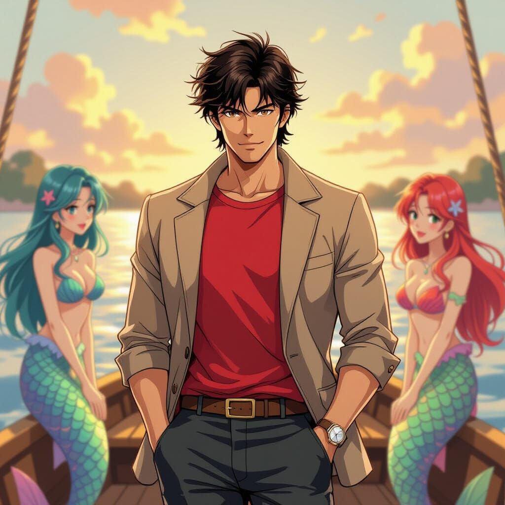 Ryo Saeba Meets Mermaids in Golden Hour Boat Scene
