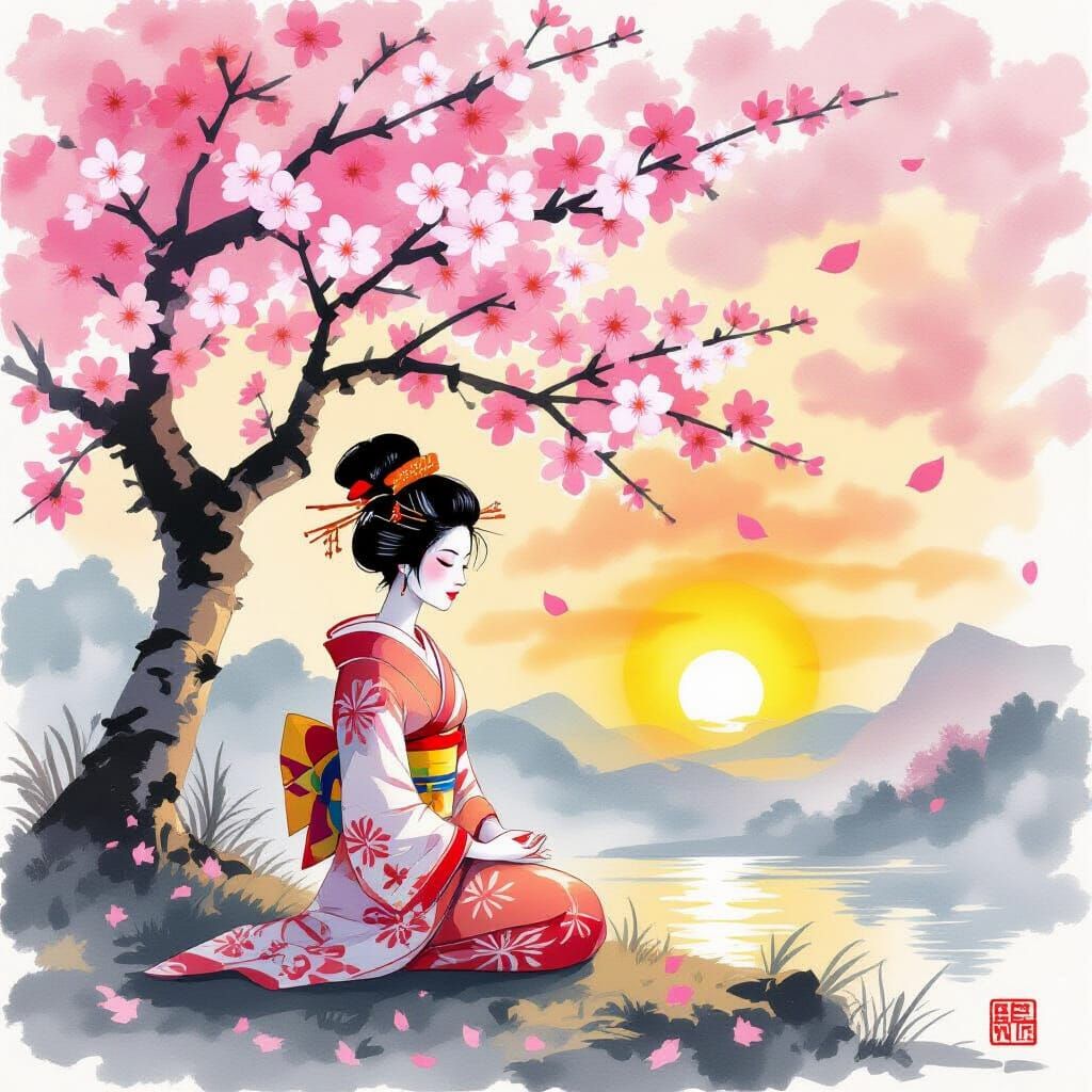Geisha Meditating Under Sunset Blossom Tree in Sumi-e Style