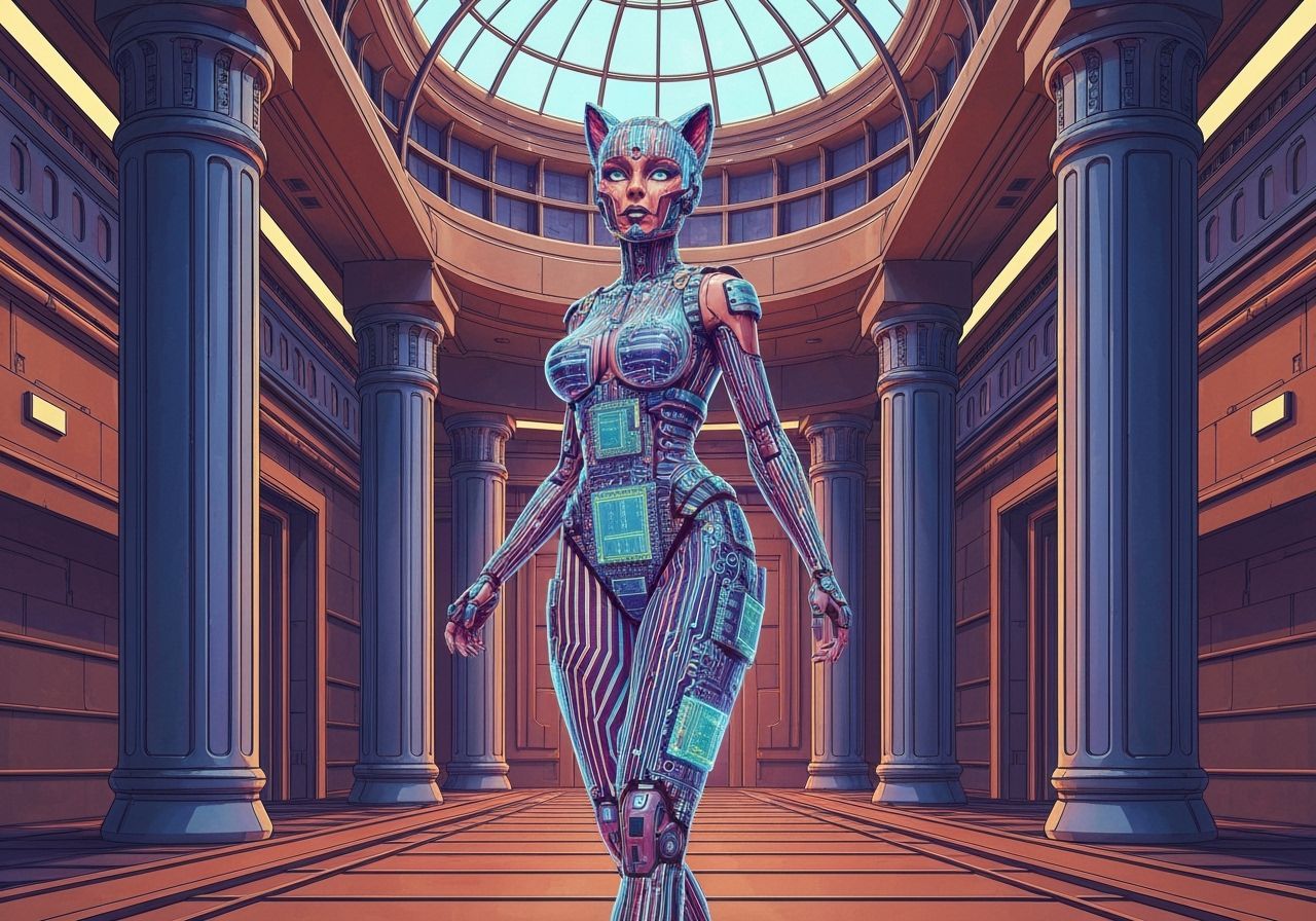 Cyborg Cat-Woman in Synthwave Style