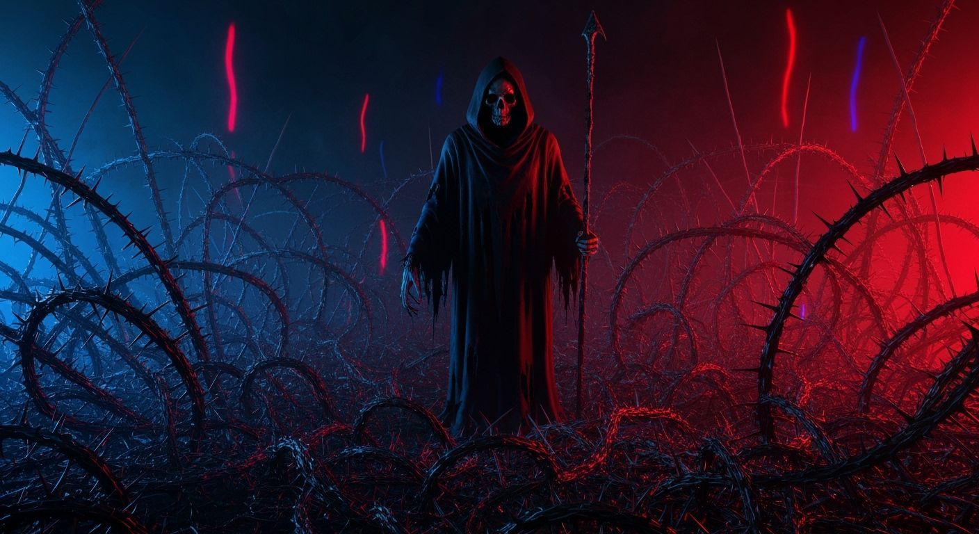Grim Reaper in Thorny Maze: Beksiński-Inspired Art
