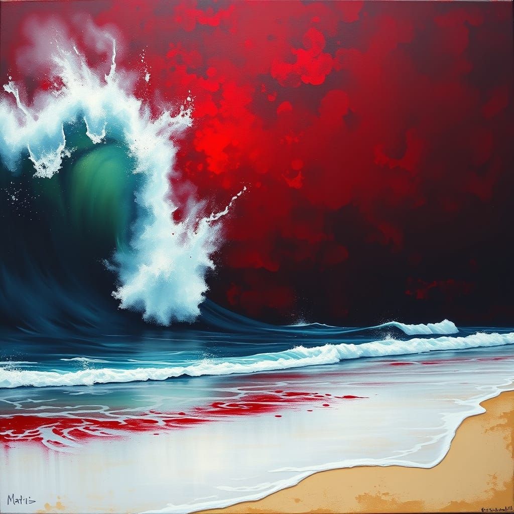 Tsunami Devastates Beach in Abstract Expressionist Style