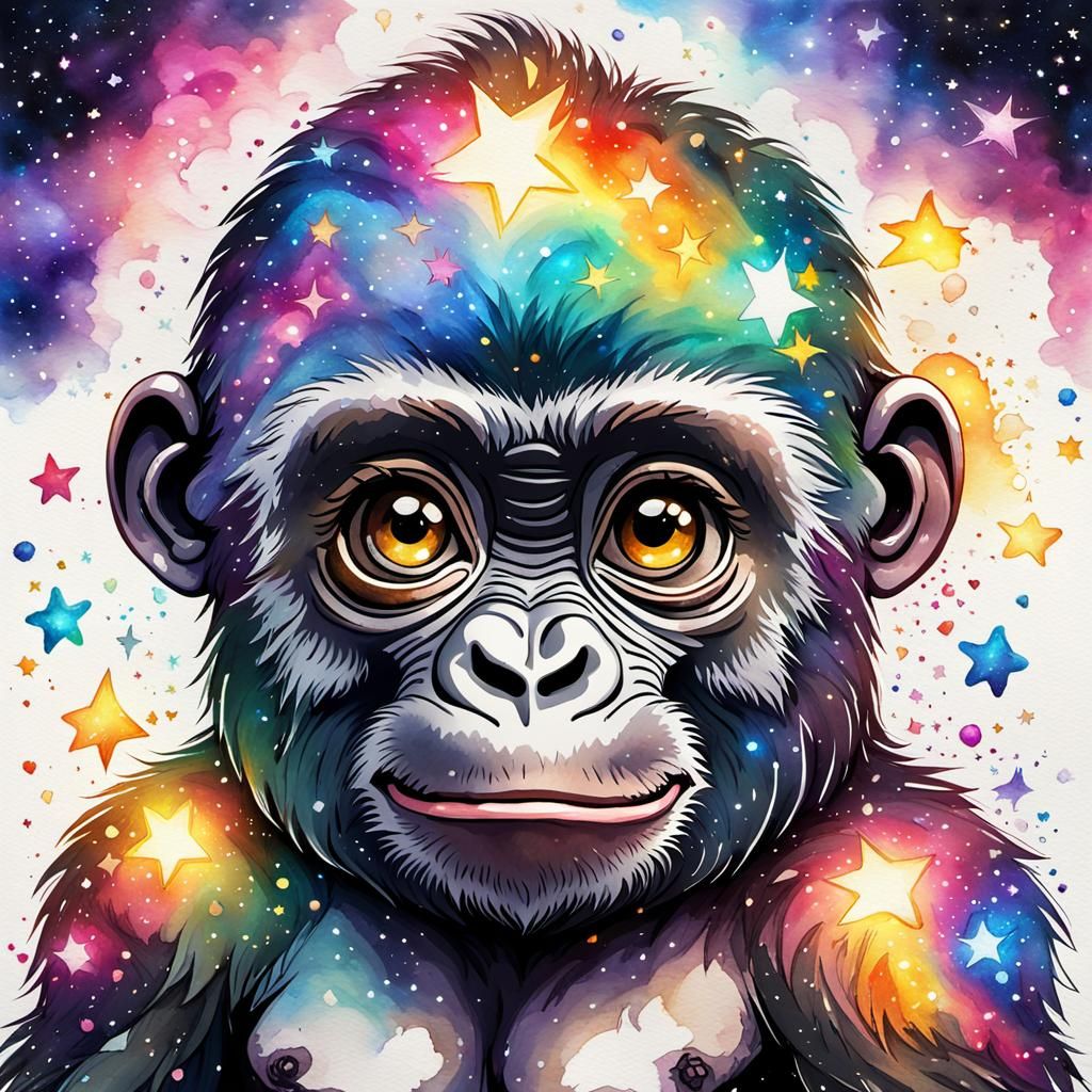 Sparkling Baby Gorilla in Galactic Nebula: Watercolor Painti...