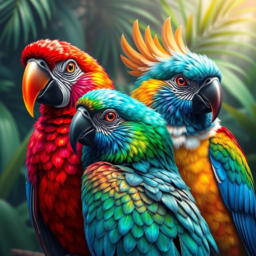 Exotic Birds with Iridescent Plumage in Tropical Setting