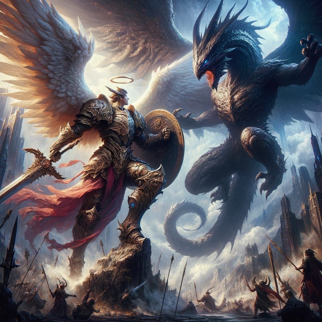 Angel Titan Battles Dark Dragon: Epic Fantasy Art