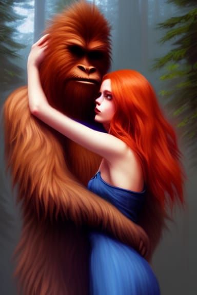 Sasquatch Embrace in Dark Fantasy Art Style