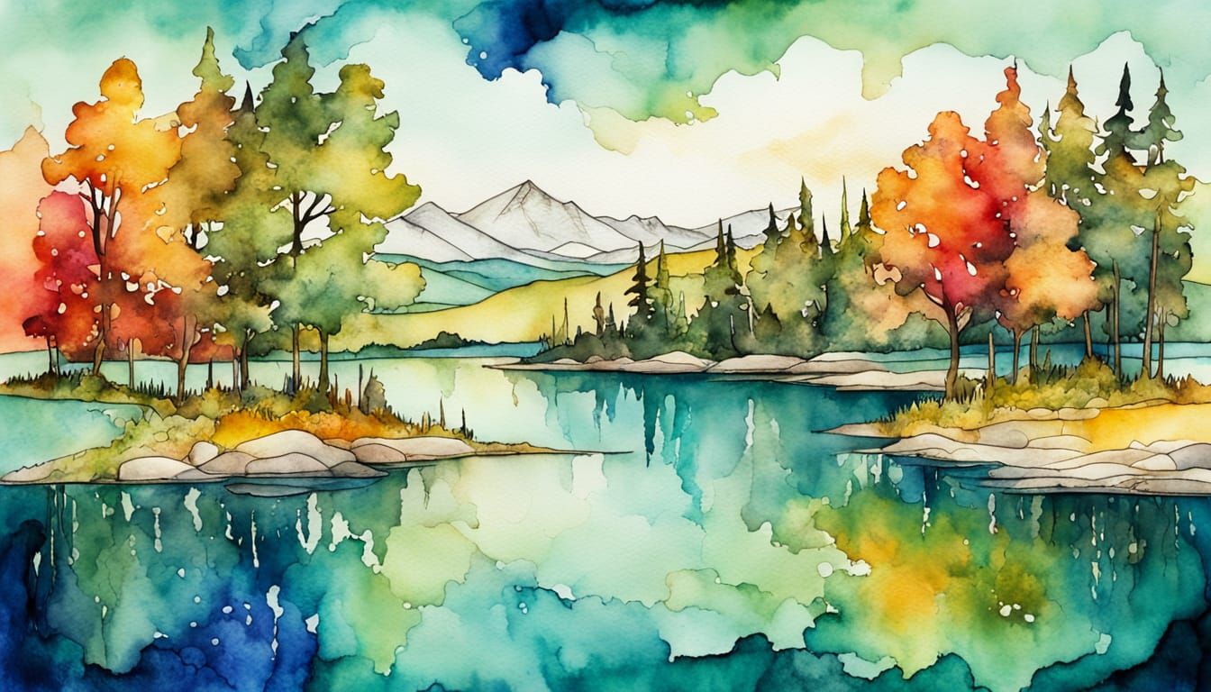 Summer Lake in Watercolor and Alcohol Ink