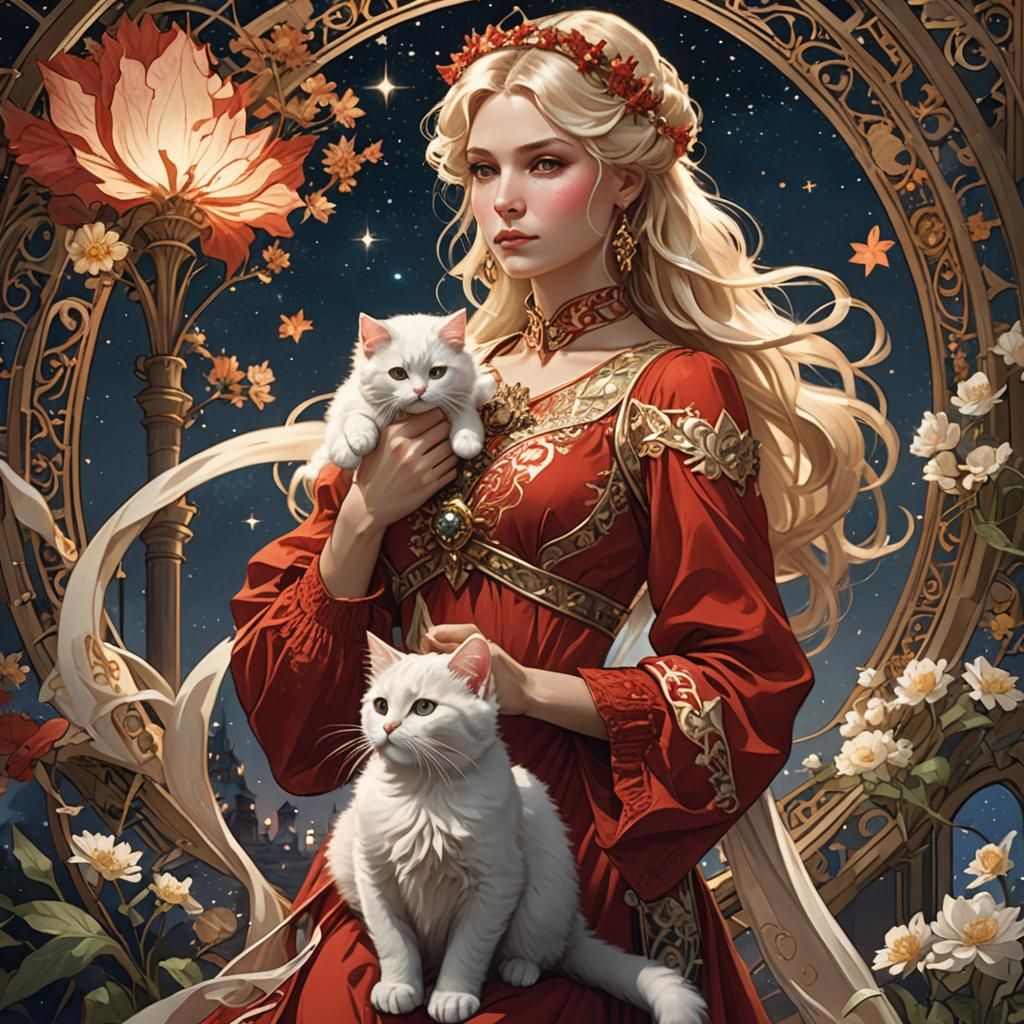 Lady with White Kitty in Art Nouveau Style