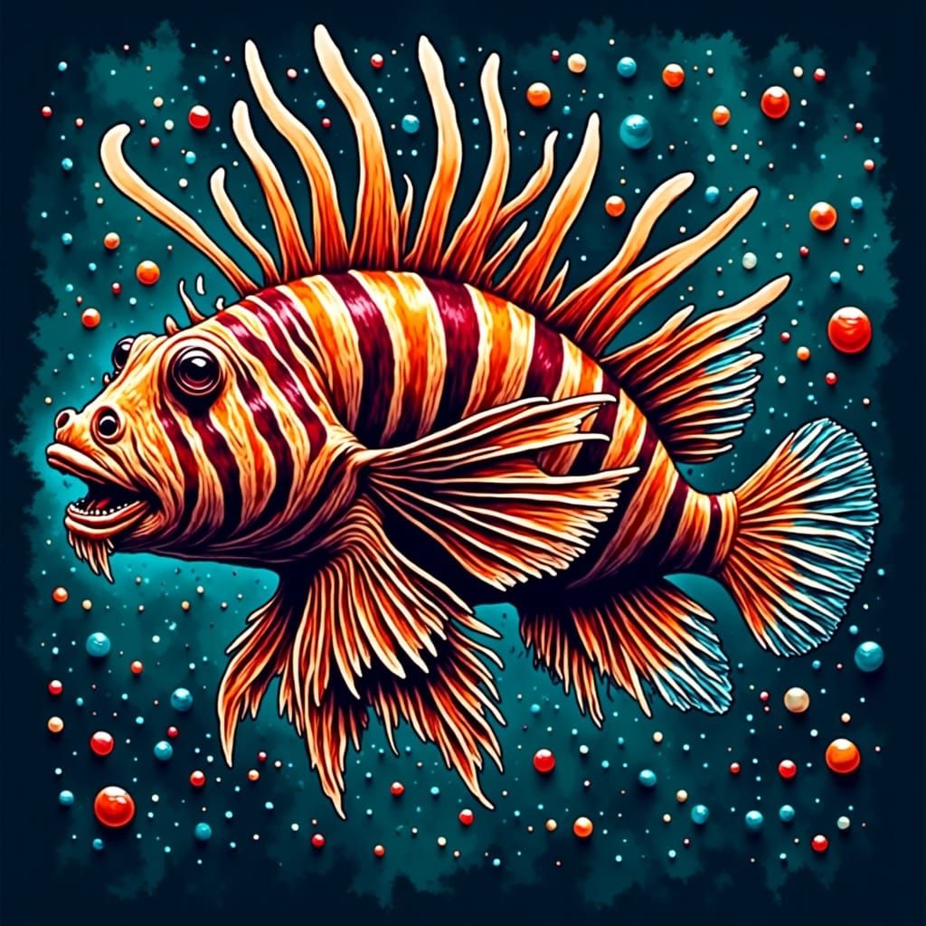 <lora:Screamo Flux Edition:1.0> A colorful lionfish with a t...