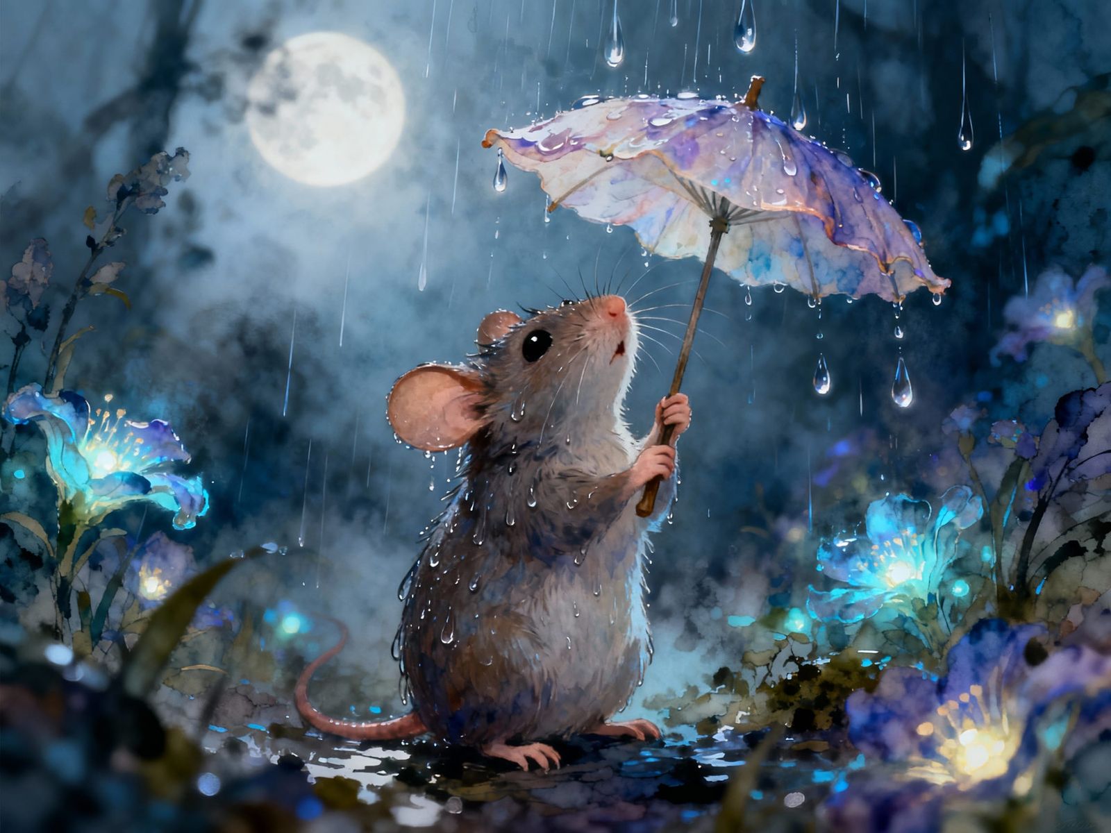 Dreamlike Fantasy Art: Mouse With Flower Petal Umbrella