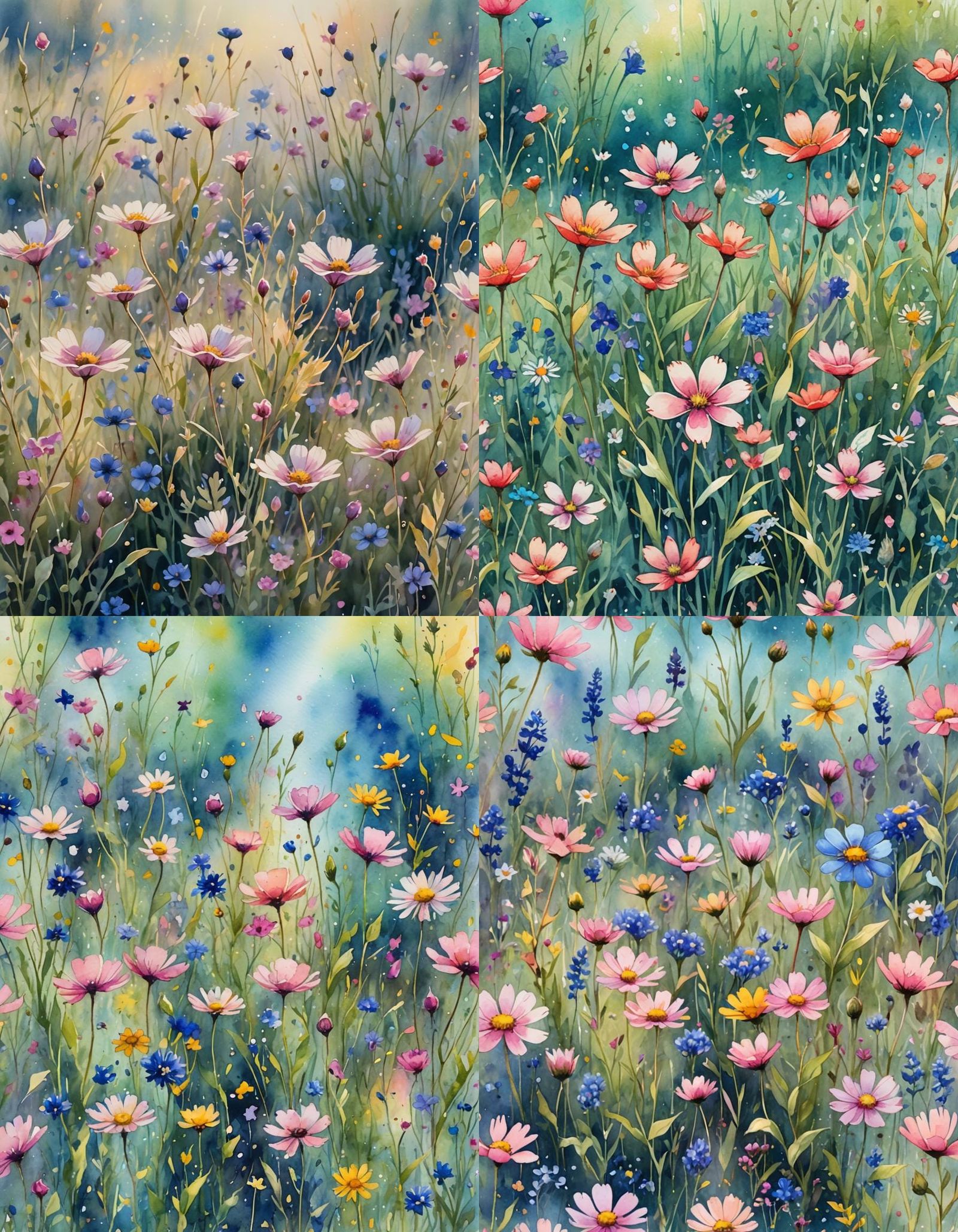 Watercolor Wildflower Meadow with Coffee Drips