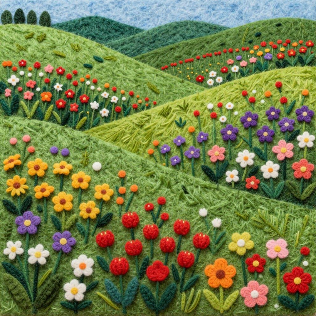 Vibrant Felt Flower Field Collage in Folk Art Style