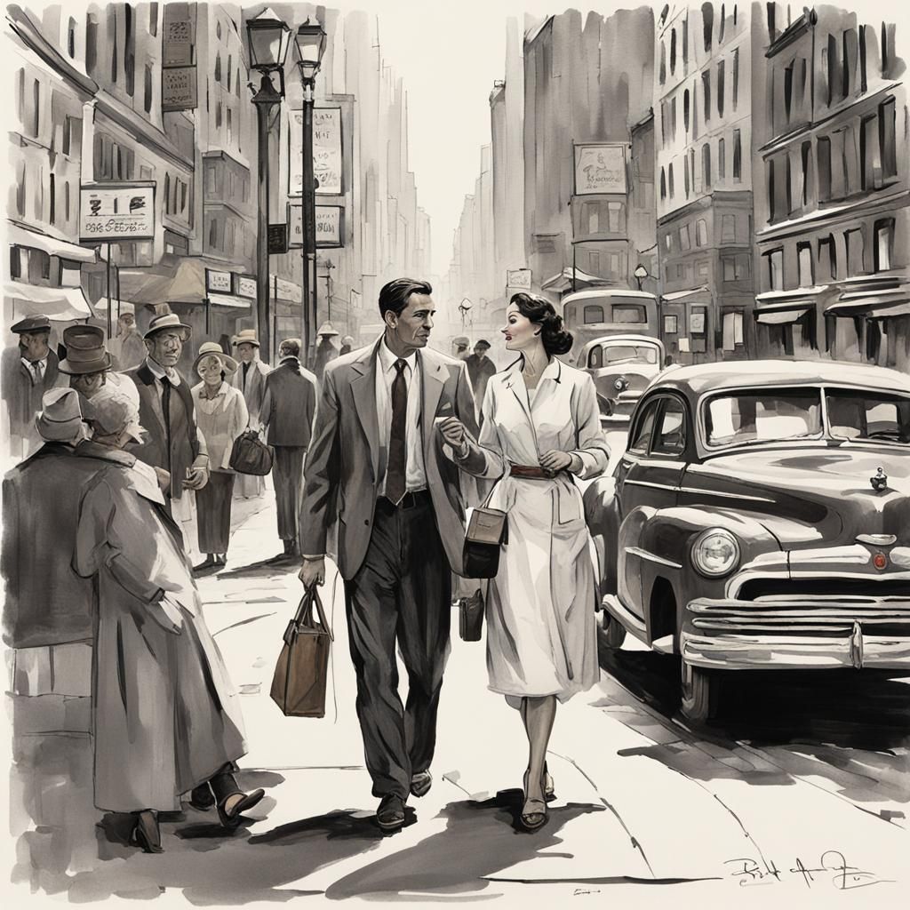 Man Gazes at Woman on Bustling City Street