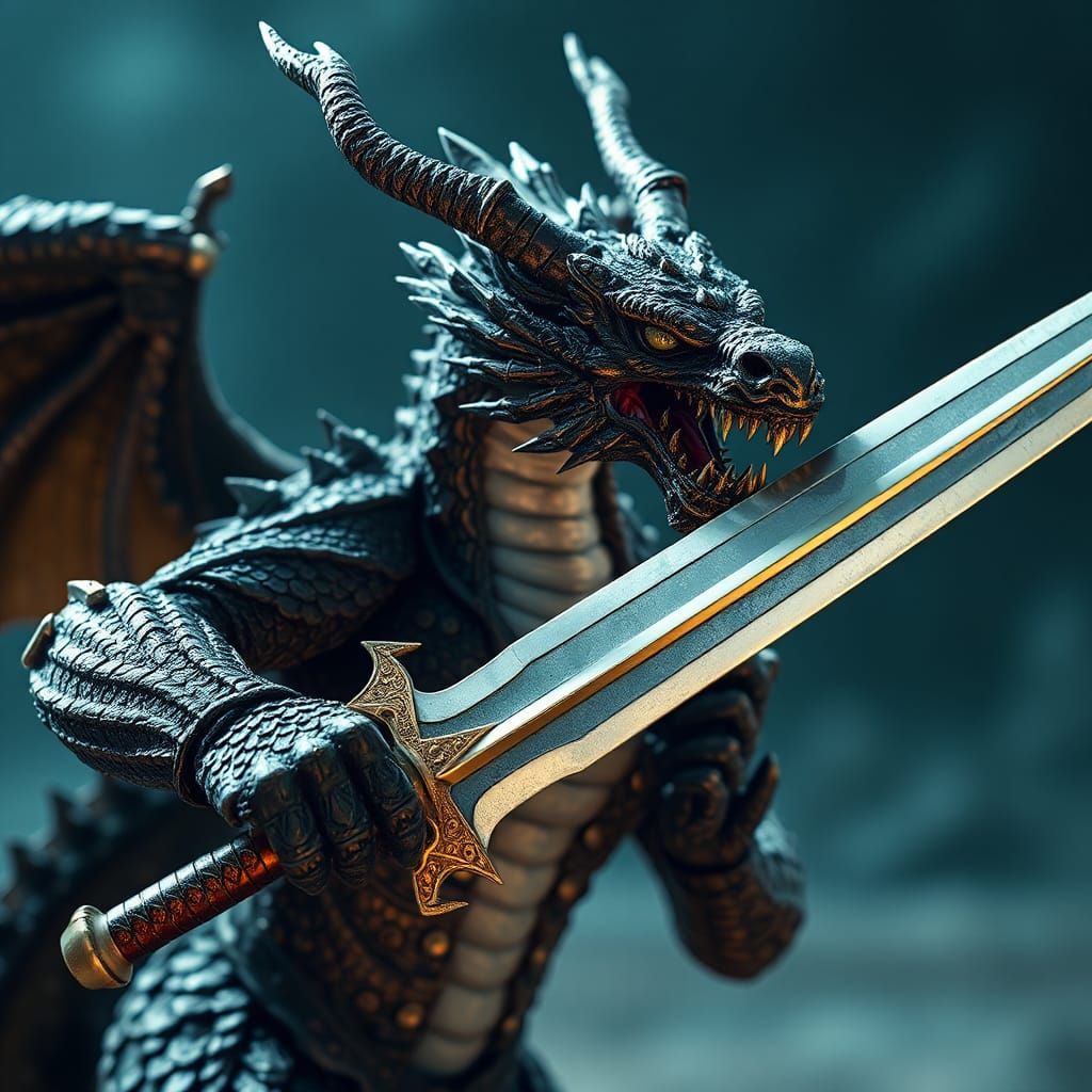 Fierce Dragon Warrior with Reflective Sword: Fantasy Art