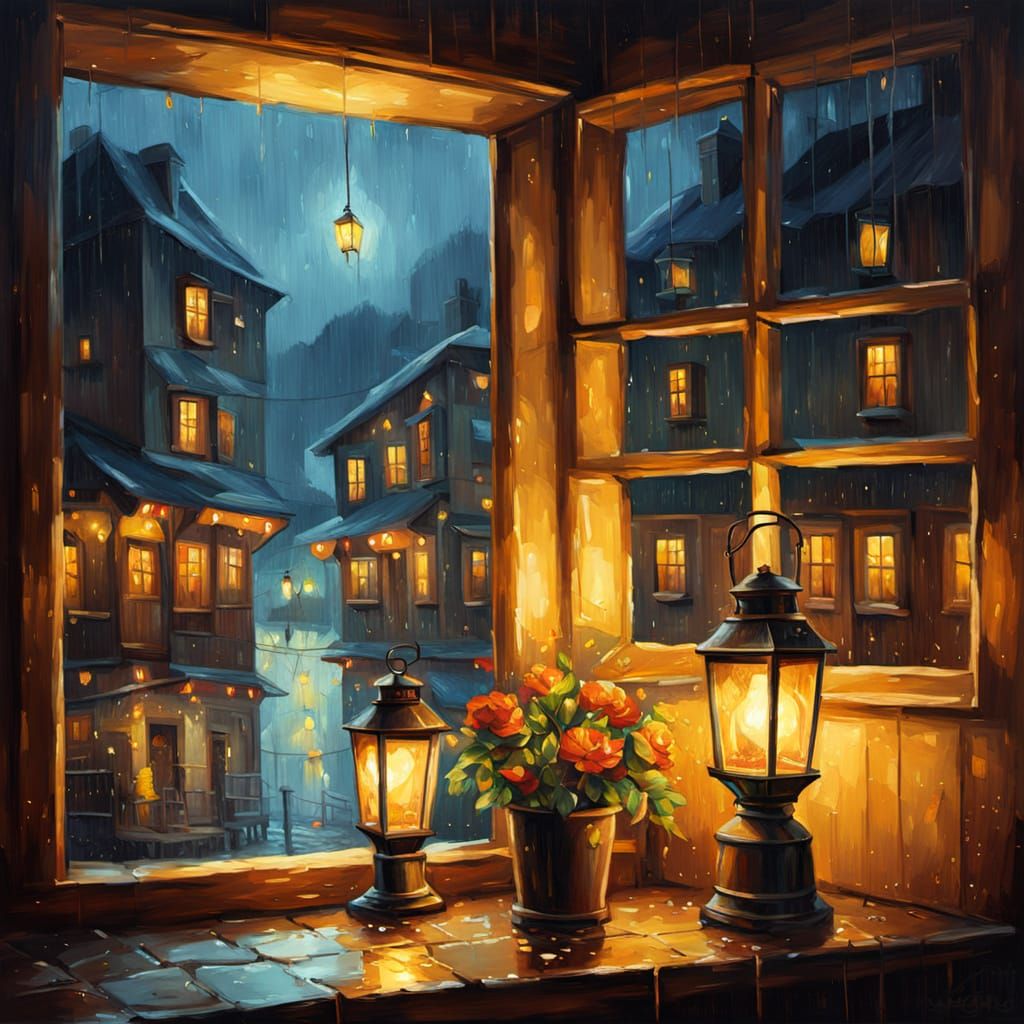 Tavern Window Glow on Rainy Night Oil Painting