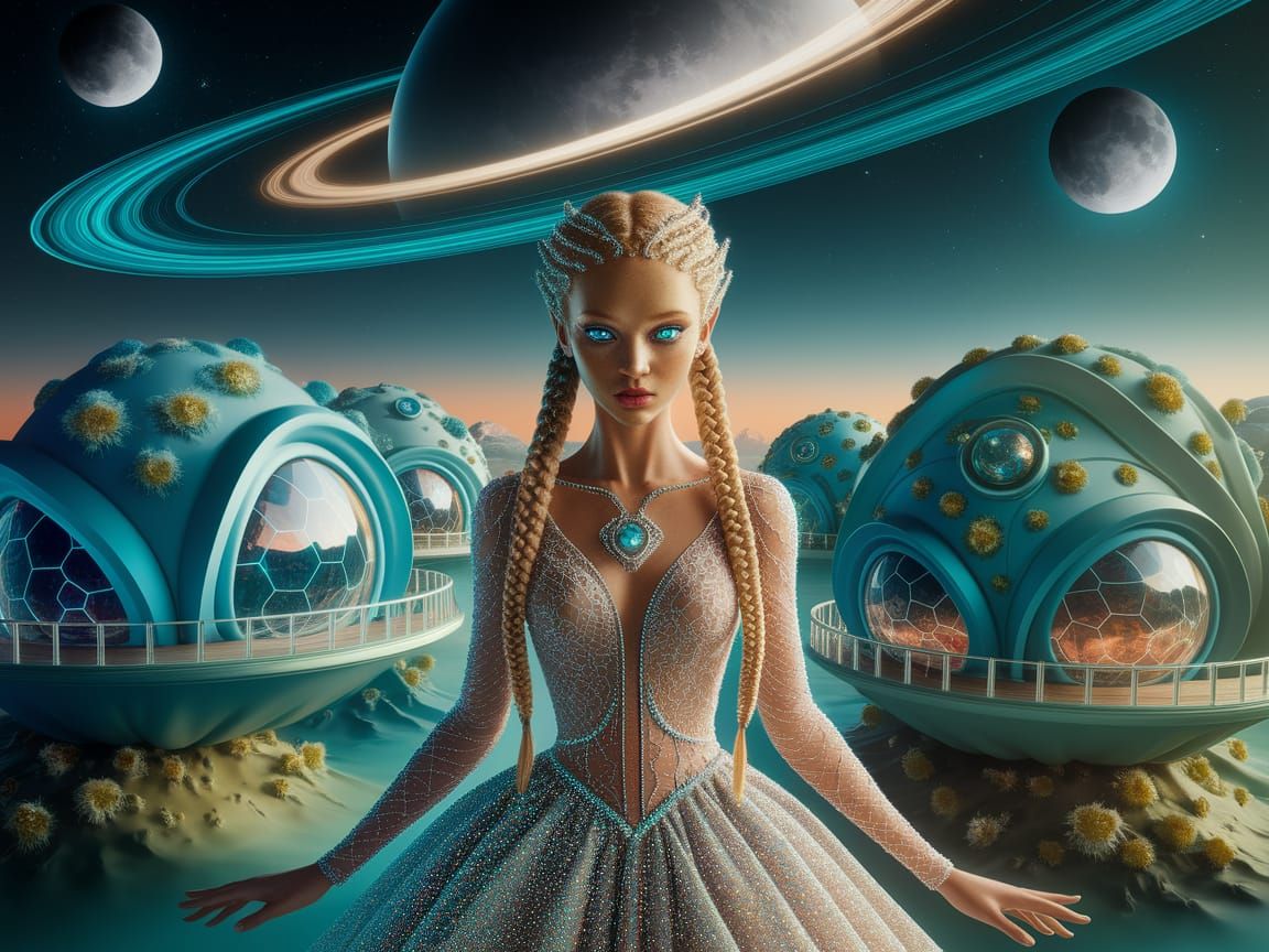 Alien Woman Under Dramatic Sky in Synthwave City