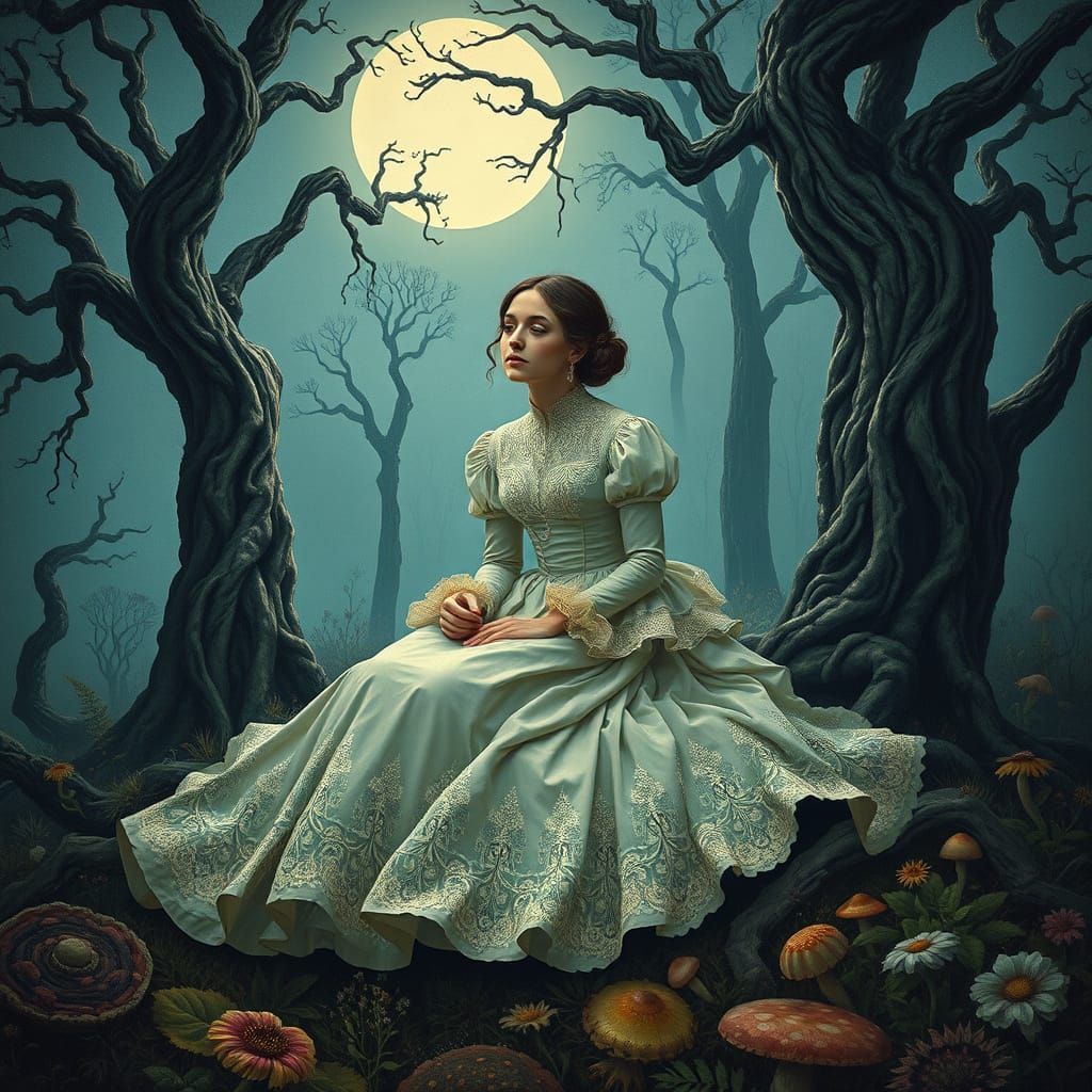 Whimsical Victorian Lady in Moonlit Forest, Elegance Meets E...