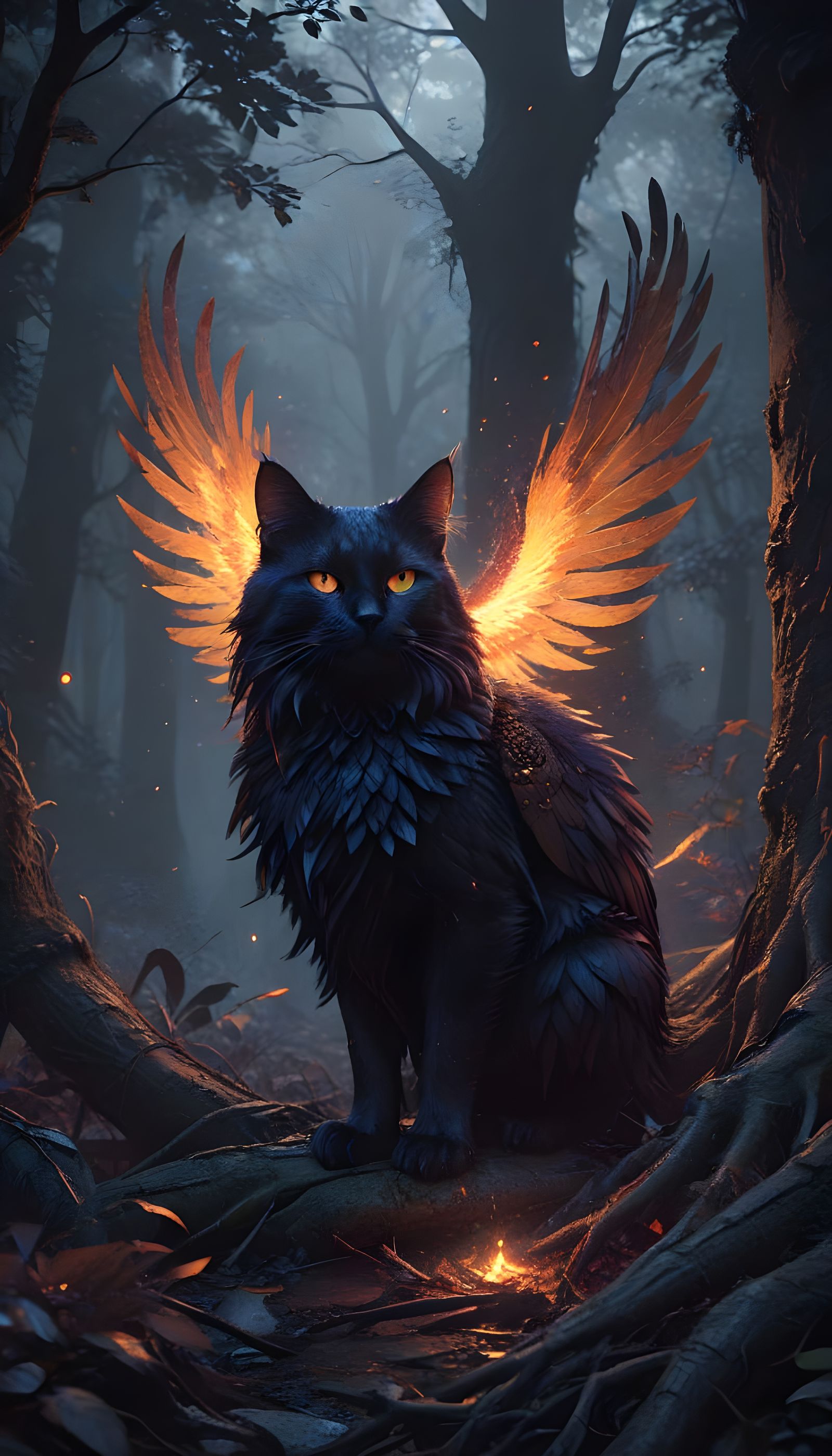 Majestic Dark Fantasy Masterpiece of a Black Cat and Firebir...