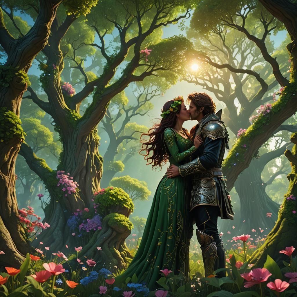 Lovers Kissing in Sun-Drenched Flower Meadow