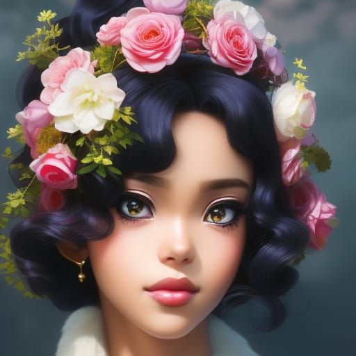Black Girl with Flower Crown: Anime-Inspired Portrait