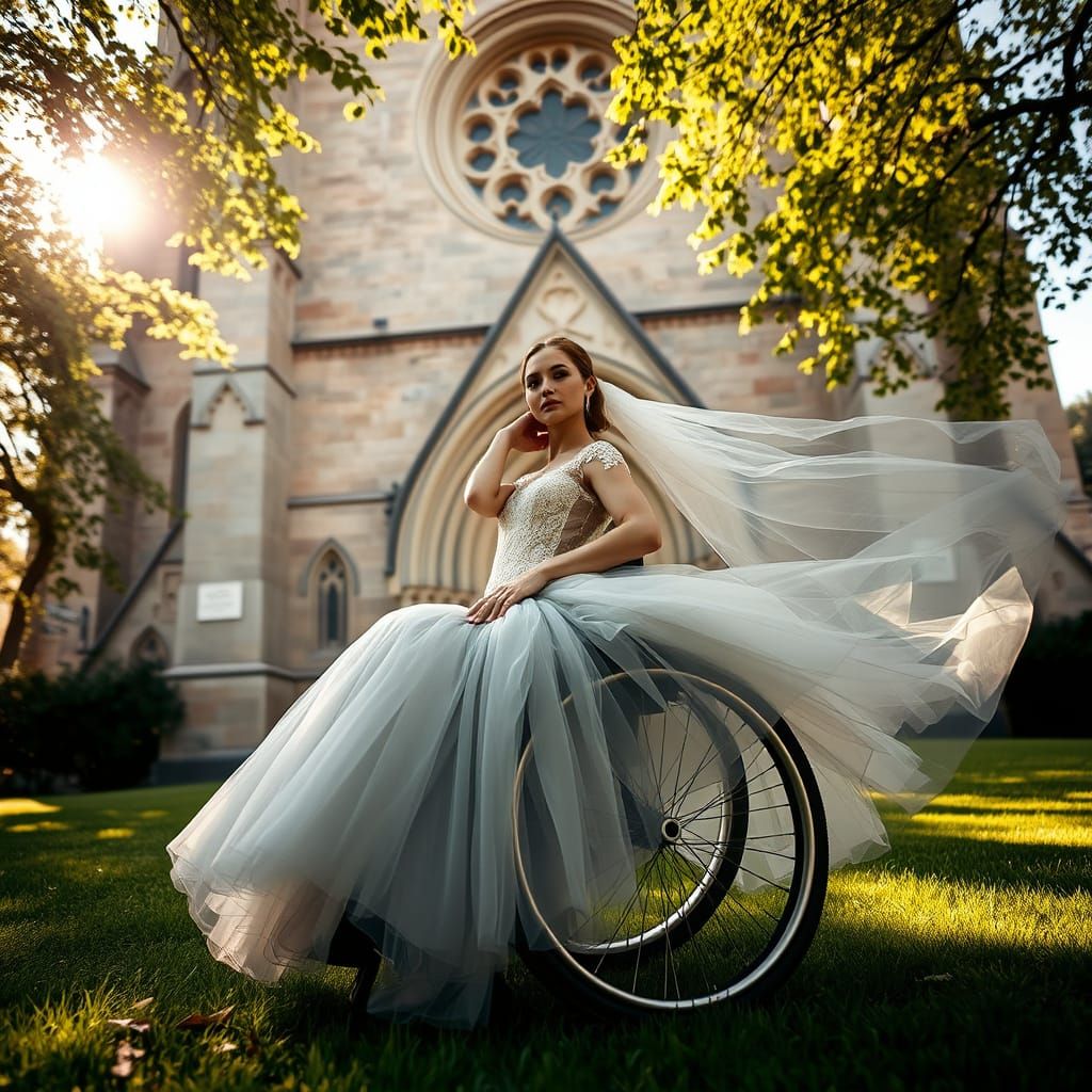 Gothic Bride in Elegant Wheelchair, Light Grey Tulle Wedding...
