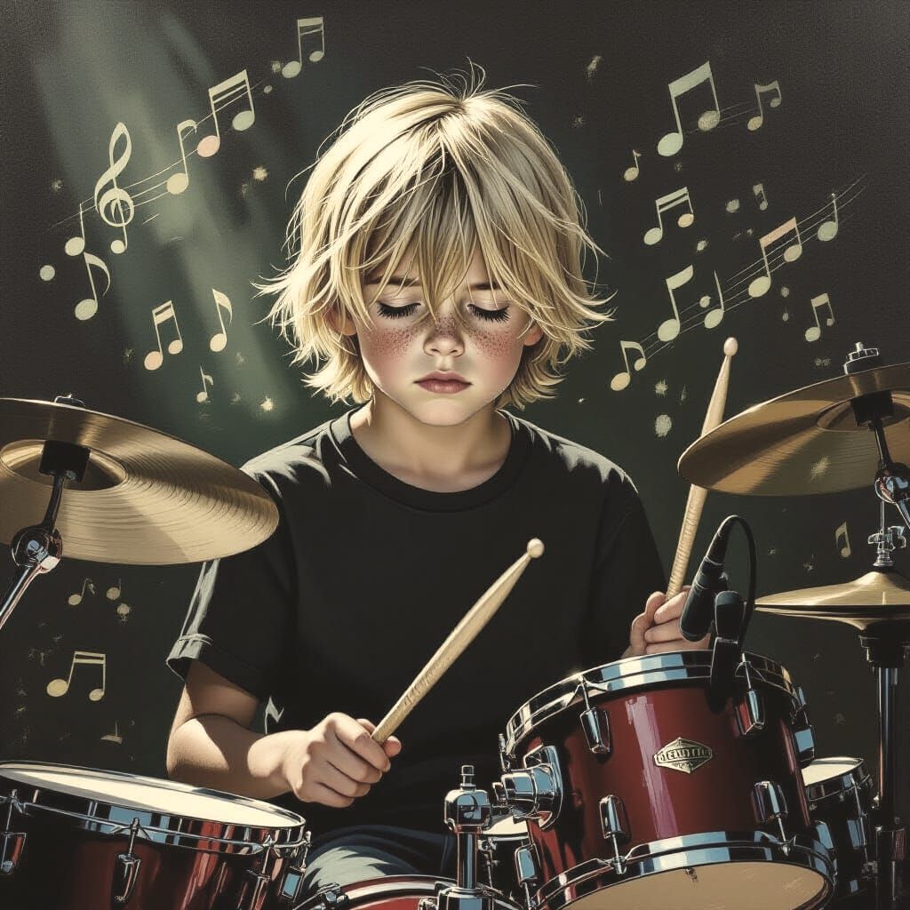 Sad Blond Boy Playing Drums with Music in Air