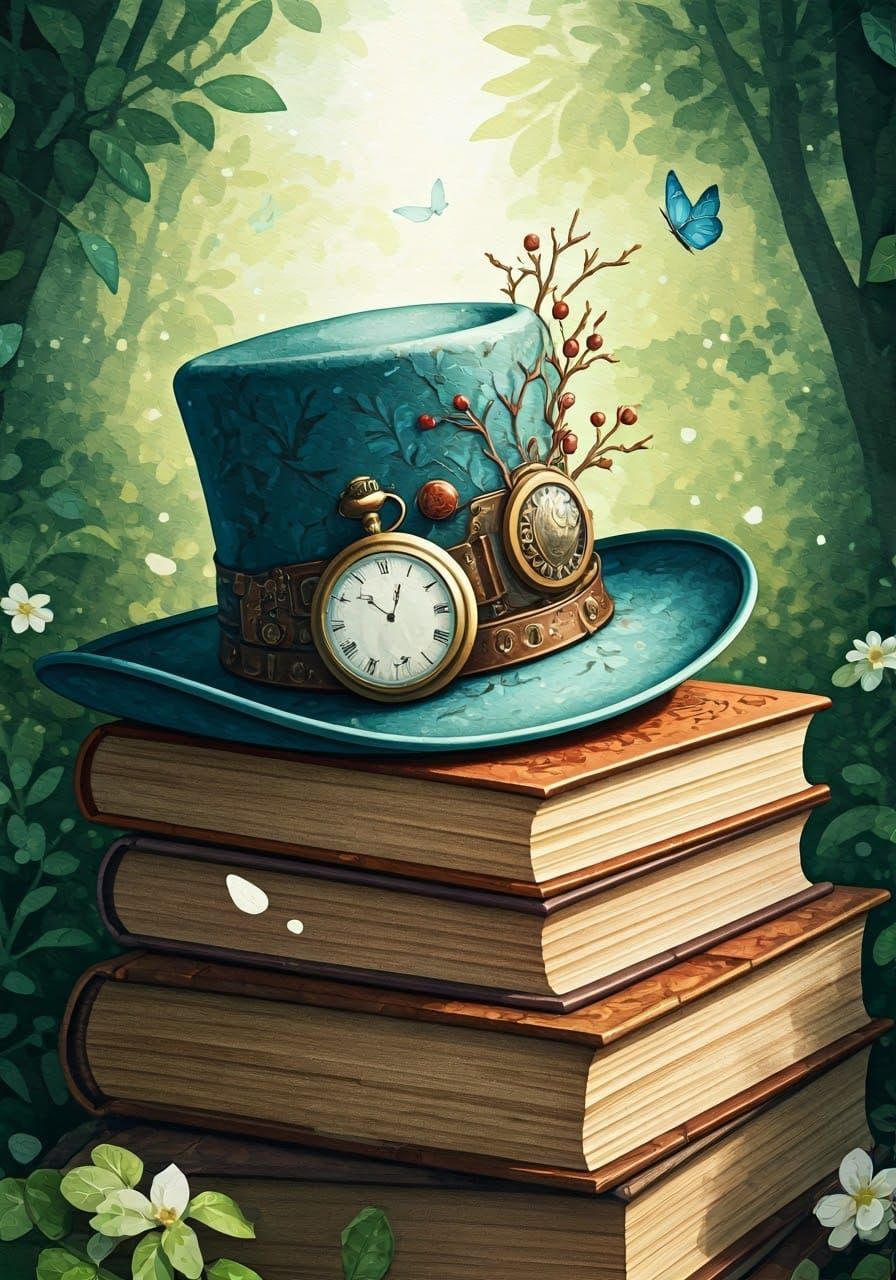 Steampunk Hat on Ancient Books in Dreamlike Forest