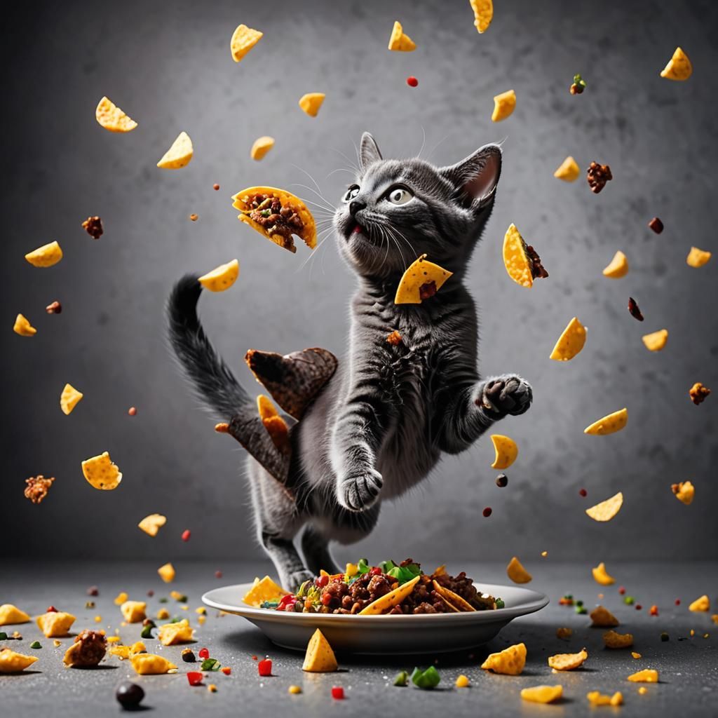 Kitten Chaos: Russian Blue's Taco Tumble in Food Photography
