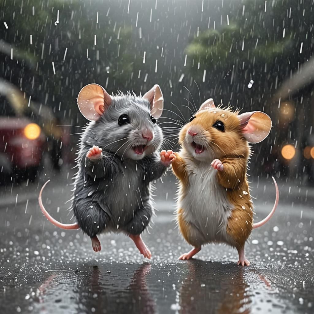 Mouse and Hamster Dancing in the Rain