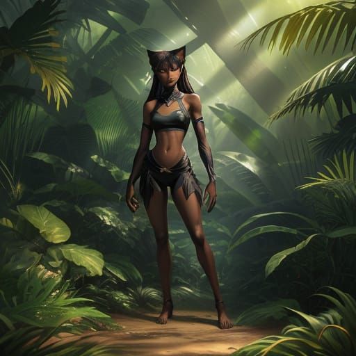 Shy Panther Girl in Golden Hour Jungle Lighting