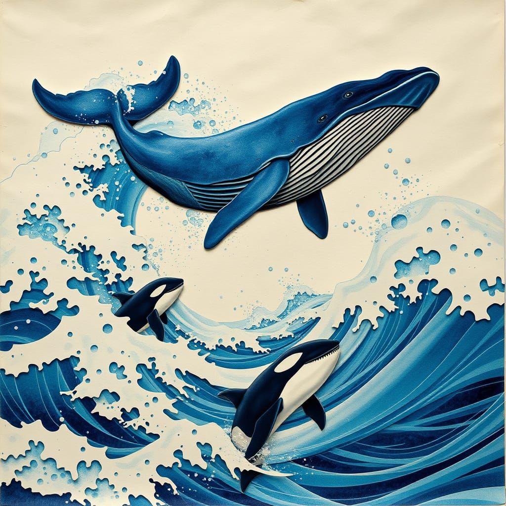 Whales Breaching in a Photorealistic Japanese Paper Collage