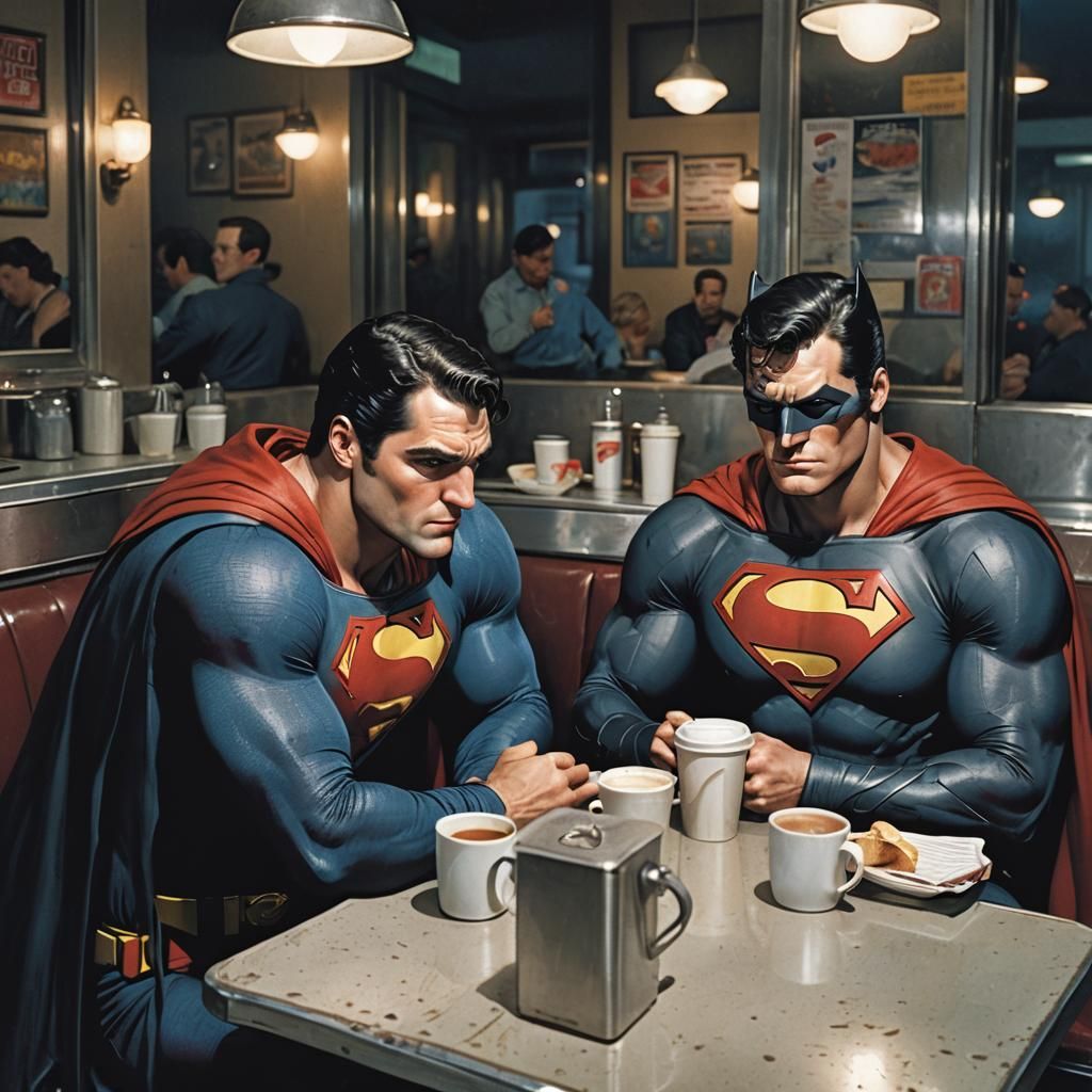 Depressed Superman and Batman in Diner