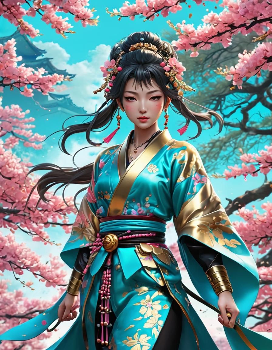 Anime Warrior in Cherry Blossom Garden with Iridescent Color...