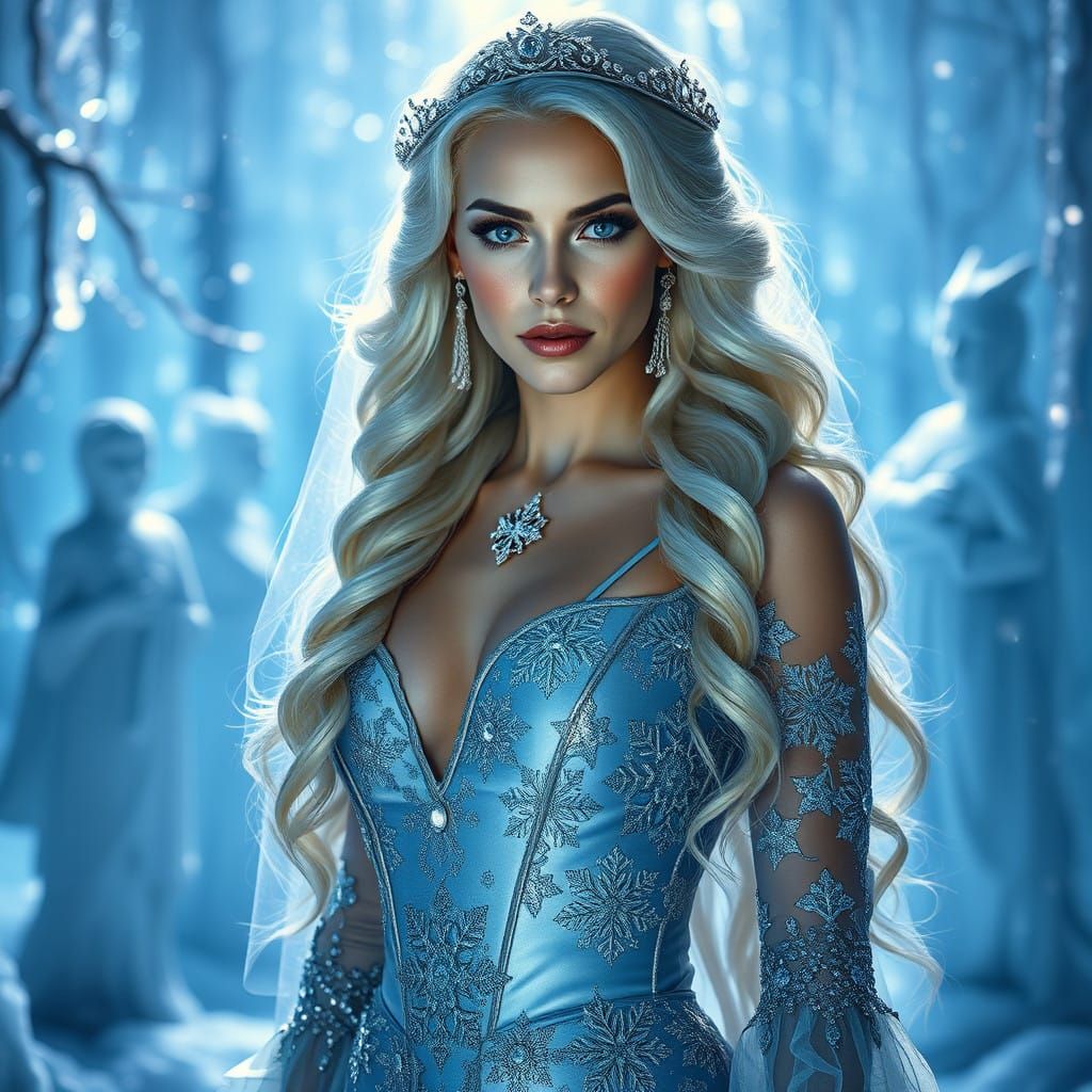 Ethereal Snow Queen in Silver-Blue Gown with Intricate Snowf...