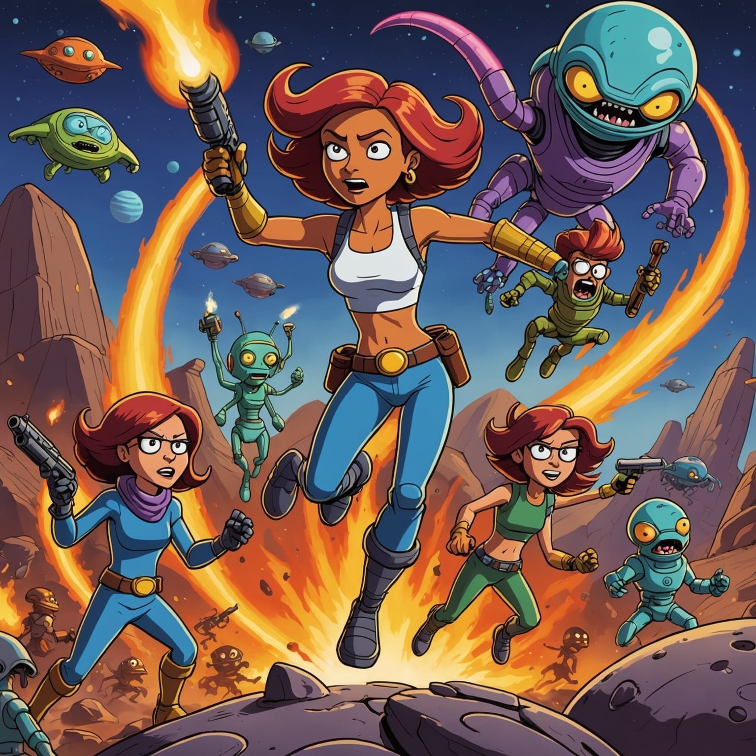 "Leela and Friends Battling Alien Monsters": Illustrate an a...